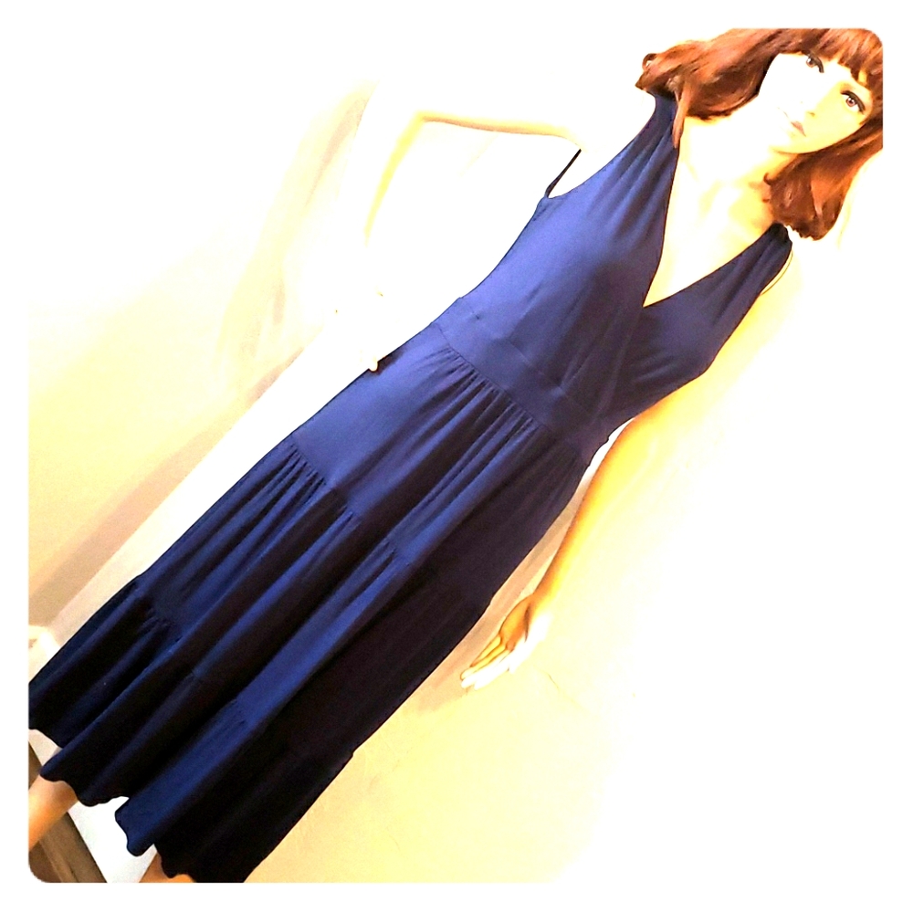 Boden Navy Faux Wrap Tiered Jersey Maxi Dress